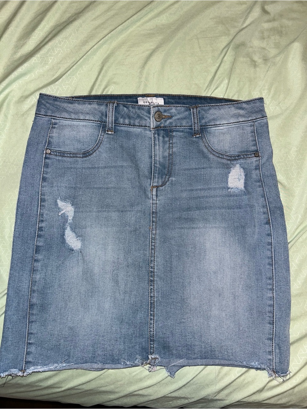 Celebrity Pink Light Blue Distressed Denim Skirt